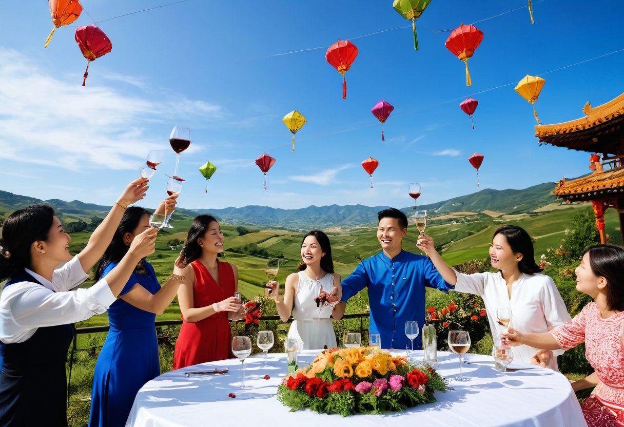 A vibrant outdoor scene featuring a joyful wine tasting celebration under a clear blue sky, with elegantly arranged wine glasses and colorful festive decorations. In the background, traditional Chinese kites of various shapes and sizes gracefully soar through the air, adding a lively touch. A group of cheerful people, dressed in festive attire, raises their glasses in a toast, with a picturesque landscape of hills and flowers surrounding them. Bright and colorful, with a focus on happiness and cultural celebration. vibrant colors. super-realistic.