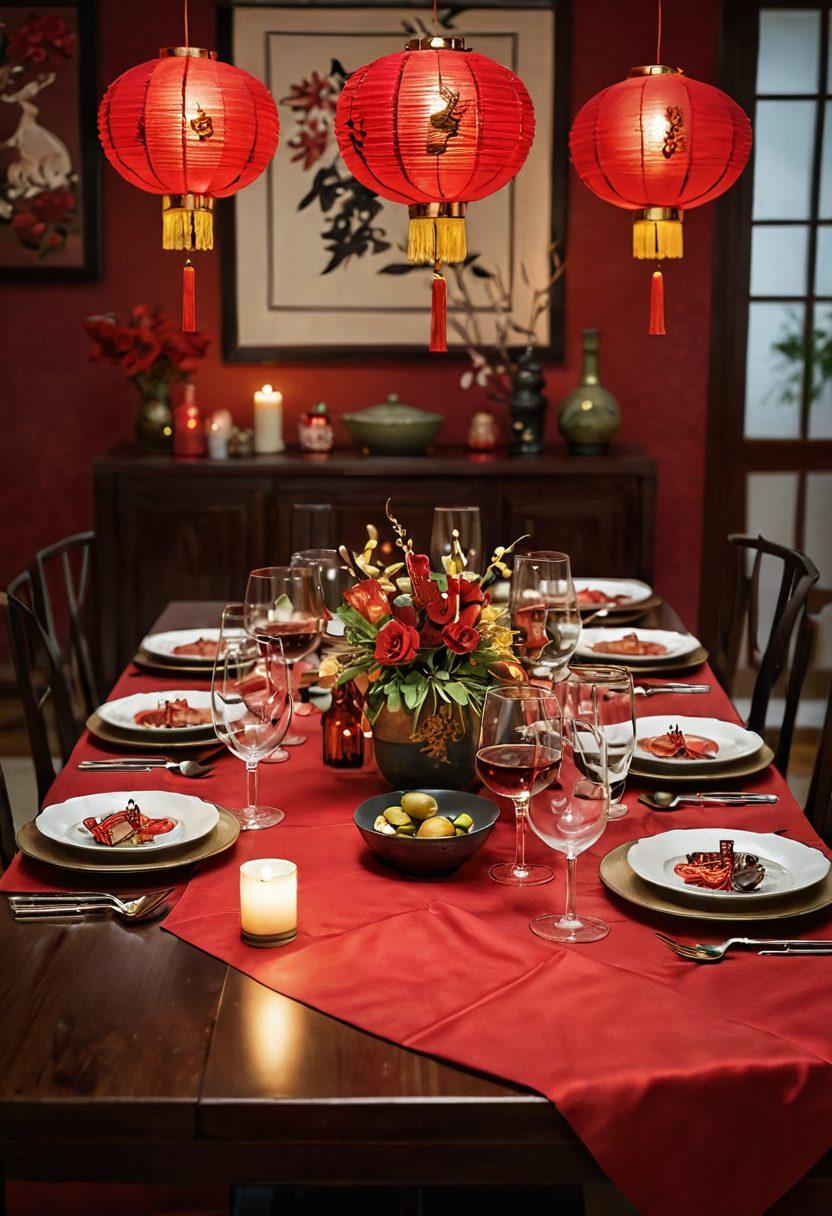 A elegantly arranged dining table featuring a variety of wine glasses filled with different types of wine, surrounded by traditional Chinese decorations like lanterns and red envelopes. In the background, a family joyfully celebrating, showcasing cultural elements such as tea sets and festive foods. Soft, warm lighting creates an inviting atmosphere that embodies happiness and togetherness. vibrant colors. super-realistic. festive.