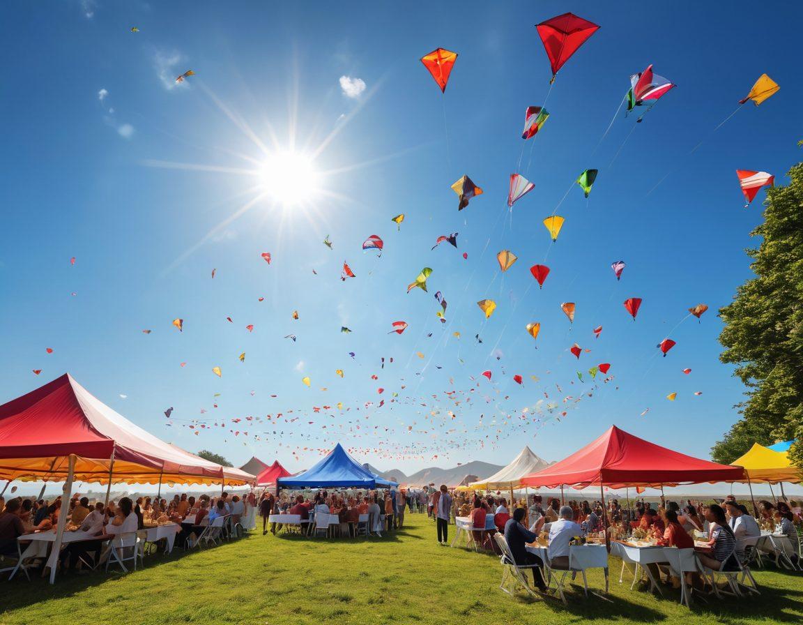 A vibrant outdoor scene of a lively kite flying festival with colorful kites soaring in a bright blue sky. In the foreground, a picnic setup featuring glasses of red and white wine elegantly paired with festive bites like cheese and fruits. Festive decorations and joyful people enjoying the sun add to the atmosphere, highlighting the connection between wine and celebration. Capture the essence of adventure and festivity. super-realistic. vibrant colors. 3D.